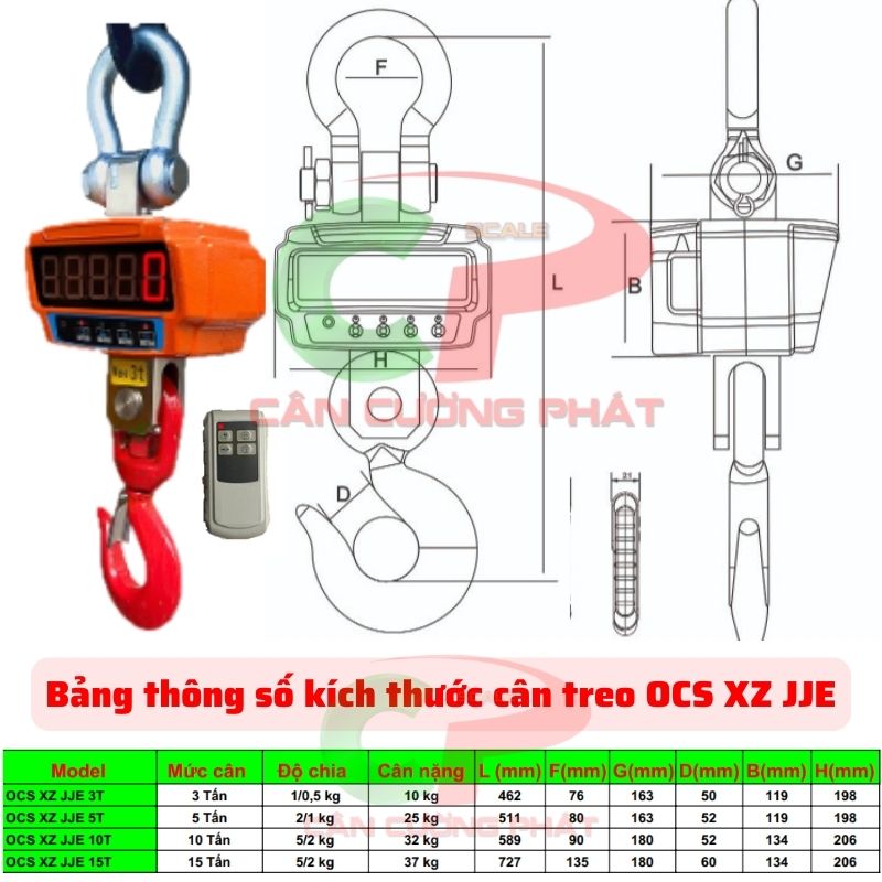 Bảng thông số kích thước cân treo OCS-JJE